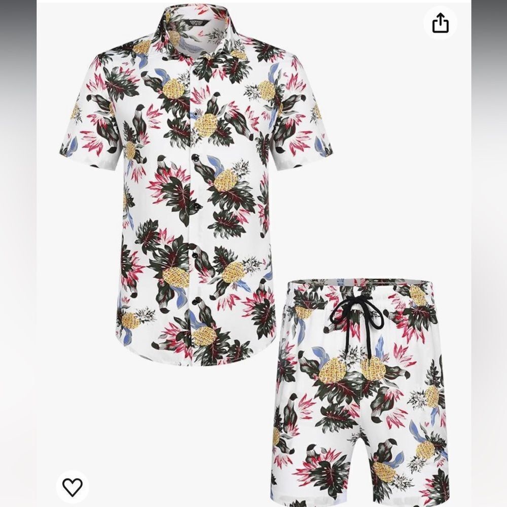 Coofandy Button Down Shirt and Short Set Pineapple Flower XL NWT IN PKG
